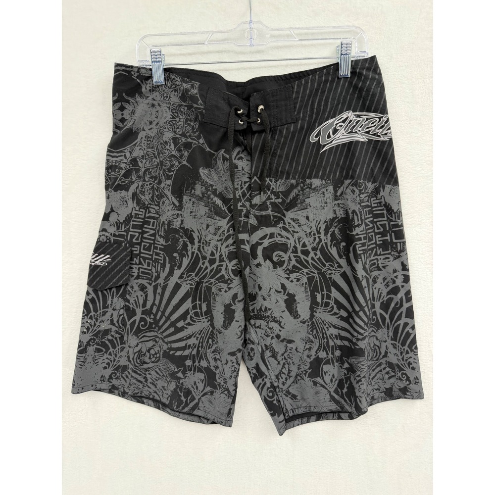 Vintage Oneill Board Shorts Mens 34 Black Gray Tribal Graphic Y2K Surf Swim